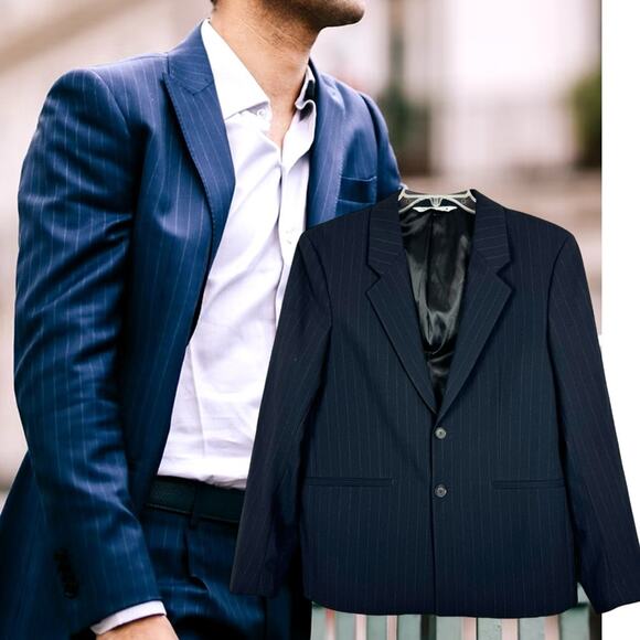 ZARA Man Navy Pinstripe Double Button Blazer Size 36 Office Preppy Formal Career - Picture 1 of 14